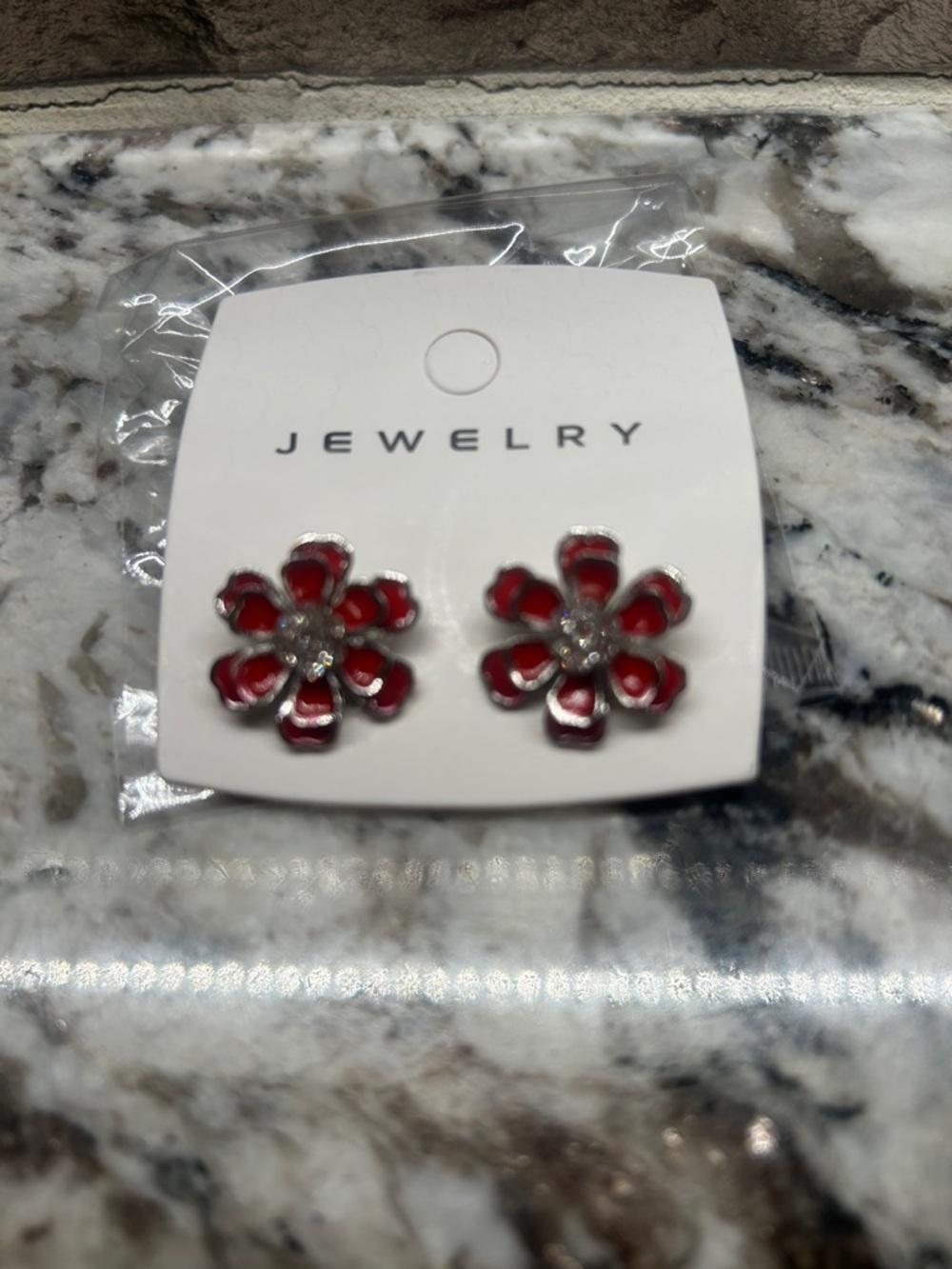 Red Enamel Floral Stud Earrings with Crystal Centers - Picture 3 of 5